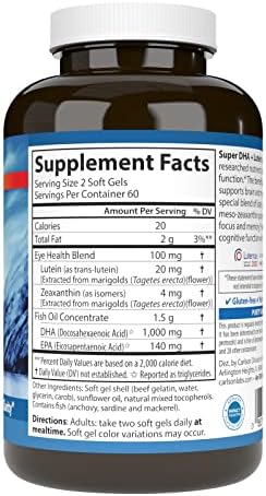 Carlson Super DHA Plus Lutein supplement bottle nutrition label