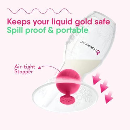 Hands free silicone milk catcher being adjusted with the safety neck strap accessory.