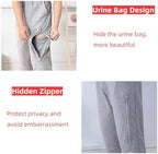 Elastic waistband and drawstring detail on black catheter holder pants.