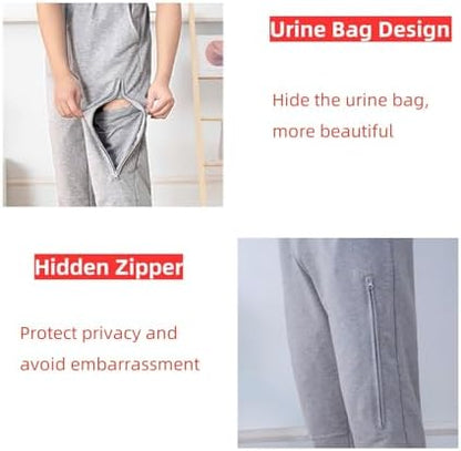 Elastic waistband and drawstring detail on black catheter holder pants.