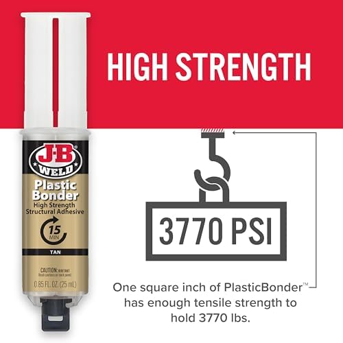 Authentic USA imported J-B Weld plastic bonder back label detailing 3770 PSI tensile strength.