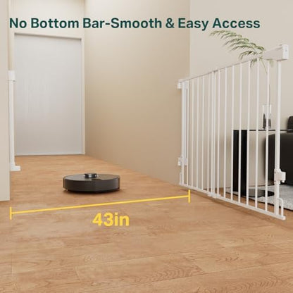 White Cumbor safety gate with no bottom bar open to show wide walk through clearance.