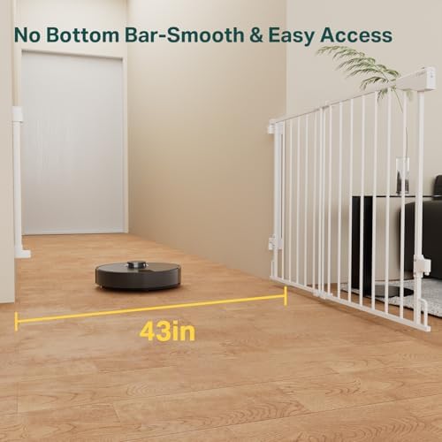 White Cumbor safety gate with no bottom bar open to show wide walk through clearance.