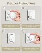 Educational diagram showing how to use rotating baby plug guards.