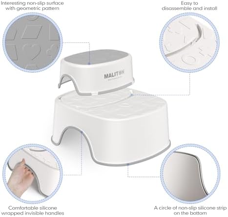 Gray Maliton toddler stool being used at a bathroom sink for handwashing