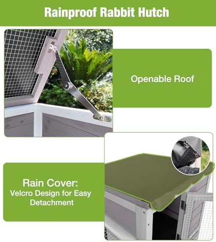 GUTINNEEN Duplex Rabbit Hutch Indoor with Chew-Proof Frame & 2 Leak-Proof Sliding Trays, Rain Cover, Wooden Guinea Pig Cages with Wheels - Grey - Image 5