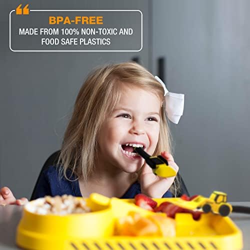 Construction themed plate with ramp for toddler mealtime
