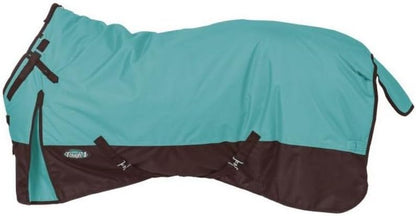 Tough1 waterproof turnout sheet demonstrating full belly wrap coverage underneath.