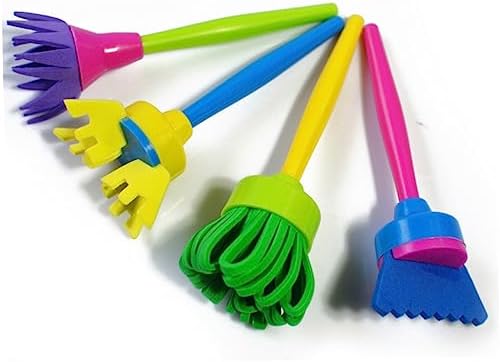 NUOBESTY sponge painting set displaying kids foam brushes in various bright colors for early learning activities.