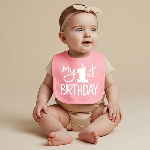 Thick double layer pink cotton baby bib tailored for milestone celebrations.