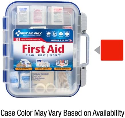 Open emergency first aid box showing organized compartments and bandages