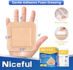 Niceful sterile absorbent pad structure highlighting the 4 by 4 inches dimensions