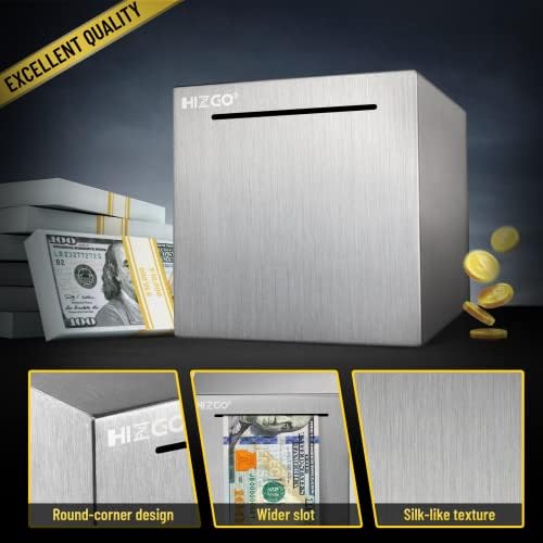 Hizgo indestructible metal savings bank with banknotes being inserted into slot