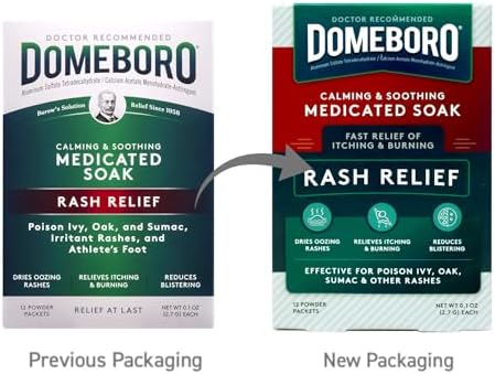 Domeboro Burows Solution astringent powder box displaying active ingredient information.