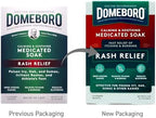 Individual 0.1 ounce Domeboro powder packet being opened for preparing a soothing wet dressing