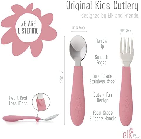 Elk and Friends baby feeding set showing silicone plates and stainless steel cutlery