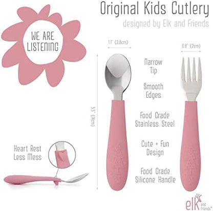 Elk and Friends baby feeding set showing silicone plates and stainless steel cutlery