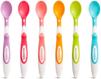 Vibrant six pack of baby food spoons showing the elongated ergonomic handle design.