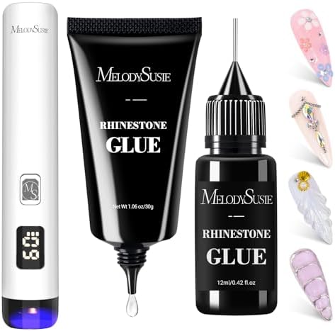 MelodySusie cordless gel x nail lamp being held to flash cure rhinestone nail glue on a manicure.