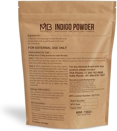 Back label of chemical free indigo powder showing ingredient list and weight details