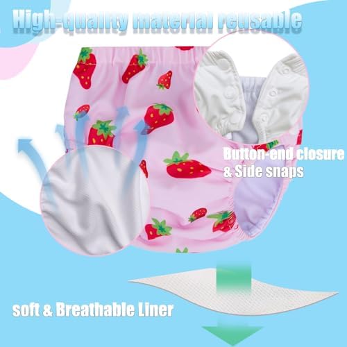 Toddler wearing strawberry print washable swim diaper