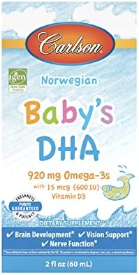 Carlson Norwegian Baby's DHA liquid fish oil supplement packaging highlighting the non-GMO purity seal