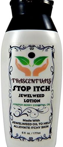 Close up of Trascentuals jewelweed lotion bottle highlighting the juniper berry essential oil ingredients.