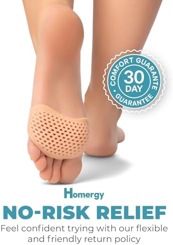Homergy gel foot pads shown next to high heels and sneakers to illustrate footwear versatility.