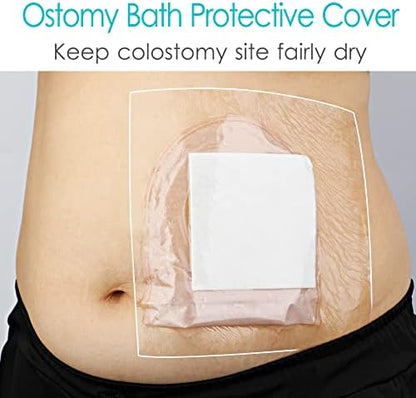Transparent stoma bath protector shield with non-stick center pad for colostomy care.