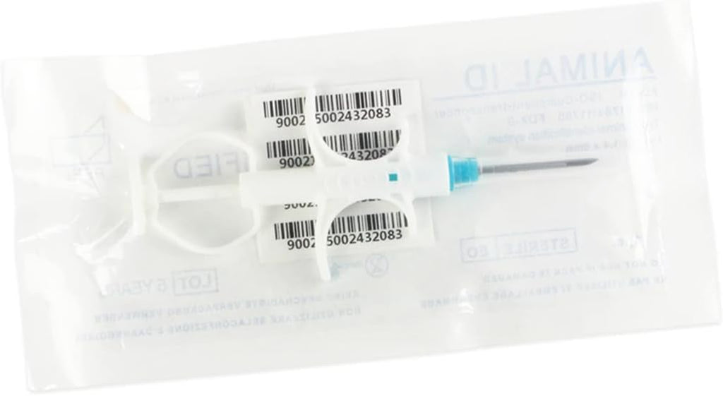 Implantable animal identification transponder kit with syringe and barcode labels
