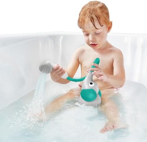 Yookidoo baby shower head rinsing an infant in a bathroom sink