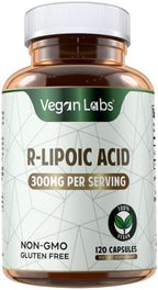 Vegan Labs R-ALA 300mg bottle showing 120 vegan capsules count