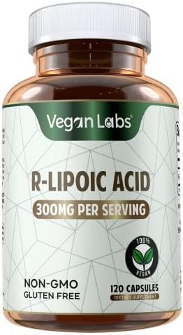 Vegan Labs R-Lipoic Acid 120 vegan capsules label detailing non-GMO and gluten-free claims