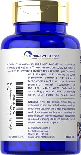 Side view of Carlyle Trace Minerals packaging detailing non-GMO and gluten-free purity seals