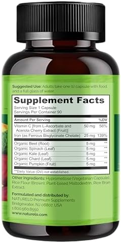 NATURELO iron with organic whole foods blend including spinach kale and beet capsules view