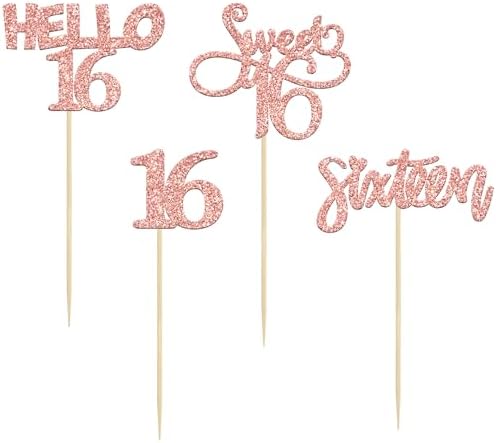 Hello 16 rose gold cake toppers in a 24 pack