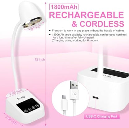 Snow white portable mini nail dryer showing the dual light source LED beads underneath the lamp head.