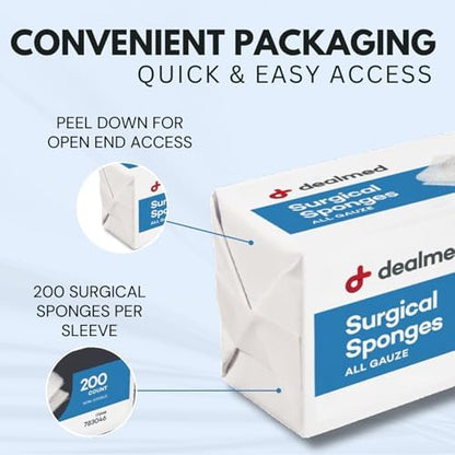 Dealmed surgical sponges laid out flat showing the woven cotton texture