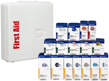 Large white plastic first aid kit showing internal 245 piece supply organization.