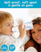 Three quarter view highlight of the leak proof base of the infant transitional sippy nipple.