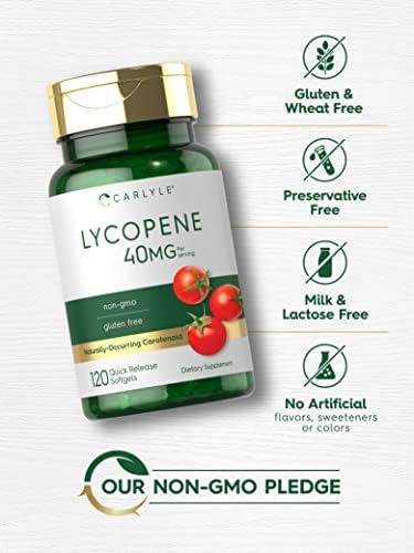 Carlyle Lycopene dietary supplement bottle side view highlighting non-GMO and gluten-free features