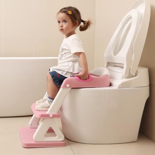 Pink two in one toddler toilet trainer showing wide anti slip pedal upgrade details