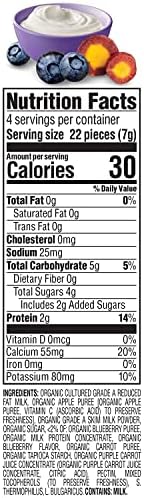 Back label of Happy Baby Organics Greek Yogis illustrating complete nutritional facts and organic ingredients