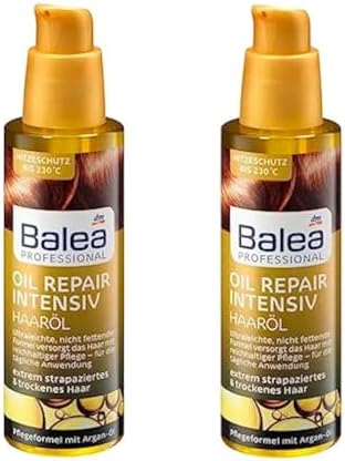 Two bottles of Balea Professional intensive argan oil treatment showcasing authentic German packaging.