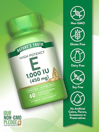 Back label of Nature's Truth Vitamin E showcasing ingredients and directions.