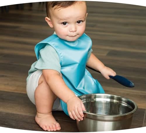 Waterproof toddler feeding apron featuring the secure non scratch hook and loop back closure detail.
