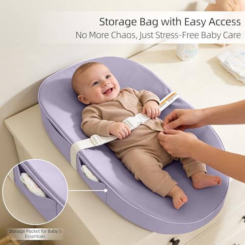 JVEOO waterproof infant diaper pad highlighting the adjustable safety strap mechanism for newborns.