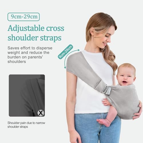 Lightweight infant travel carrier showing adjustable shoulder straps and secure front buckles