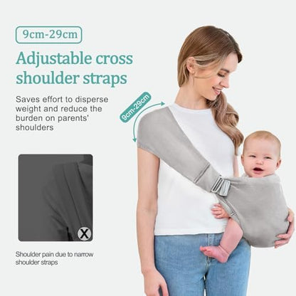 Lightweight infant travel carrier showing adjustable shoulder straps and secure front buckles