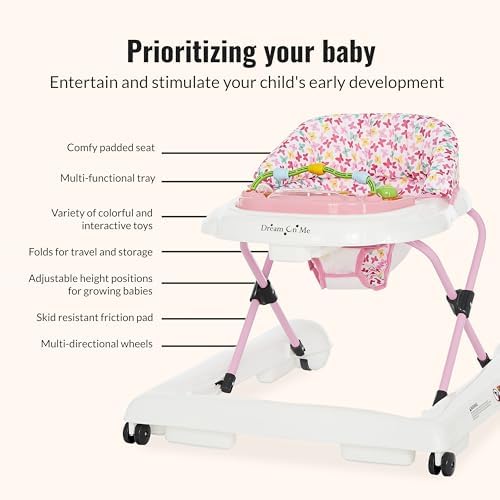 Side profile of Dream On Me pink baby walker with adjustable height